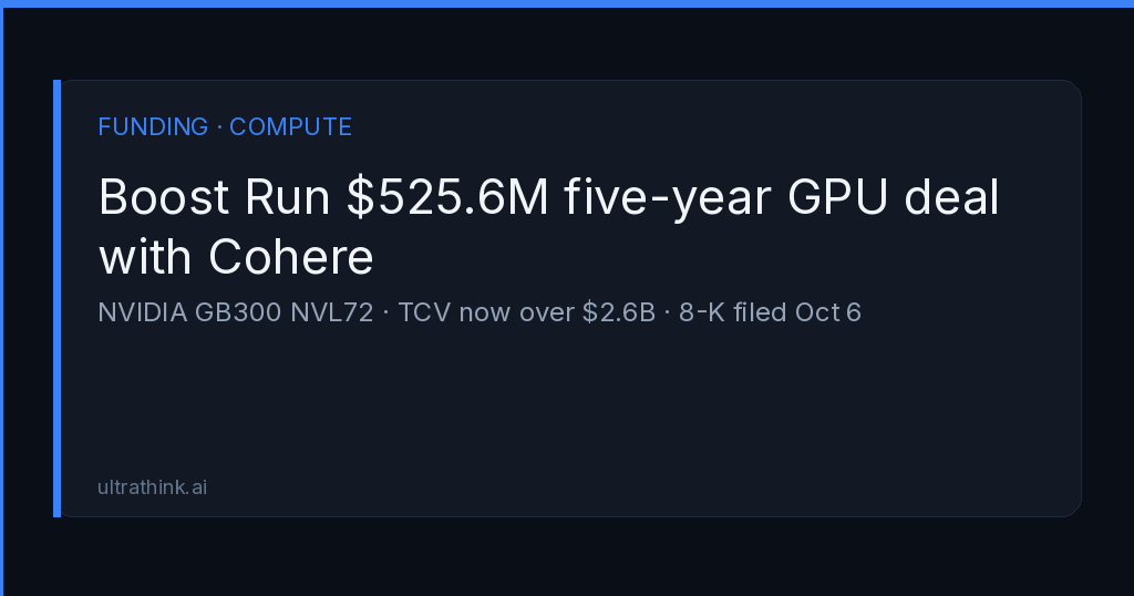 Thumbnail for: Boost Run Signs $525.6M Five-Year Cohere GPU Cloud Deal