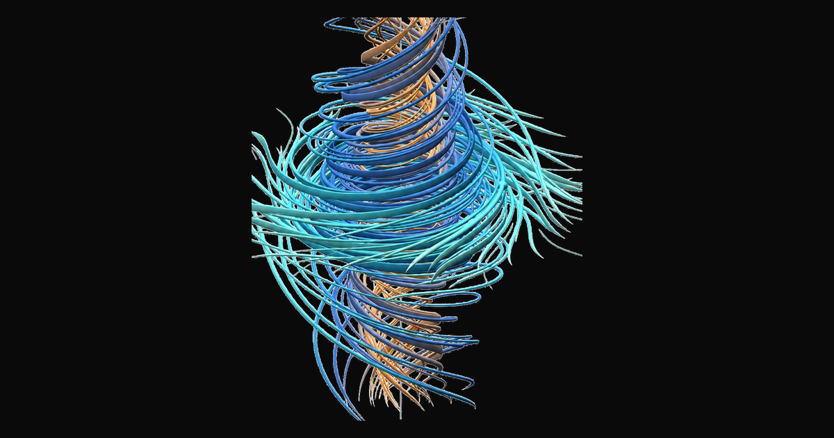 OpenAI official Navier–Stokes vortex visualization on dark chrome: inward-spiraling, axially stretching streamlines from the September 8 announcement figure