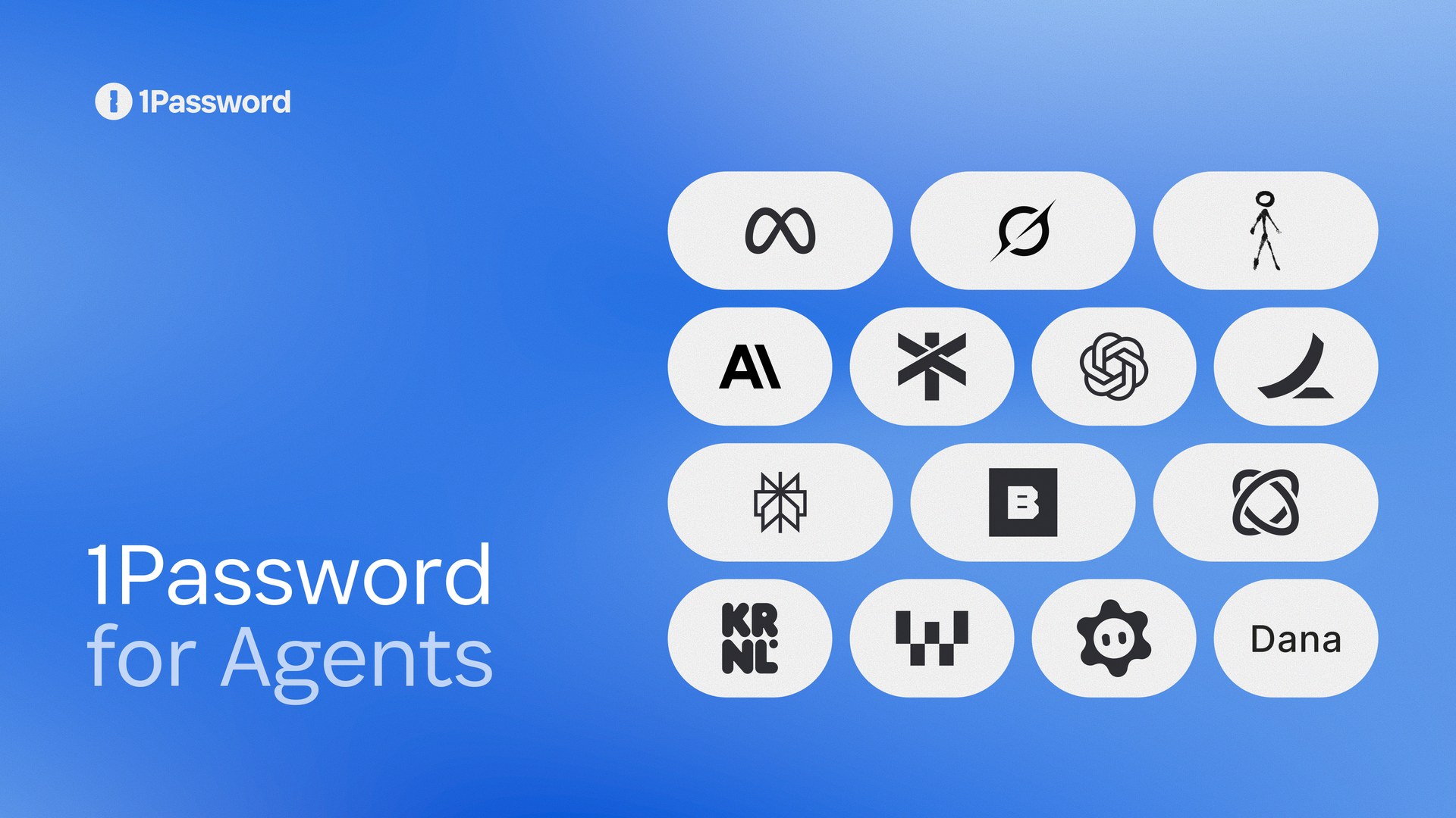 Official 1Password for Agents launch graphic with partner logos including Meta, Anthropic, OpenAI and Perplexity